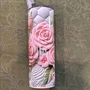 Skinny 20 ounce Floral Tumbler 3D look Pink Roses new plant lover gift tall